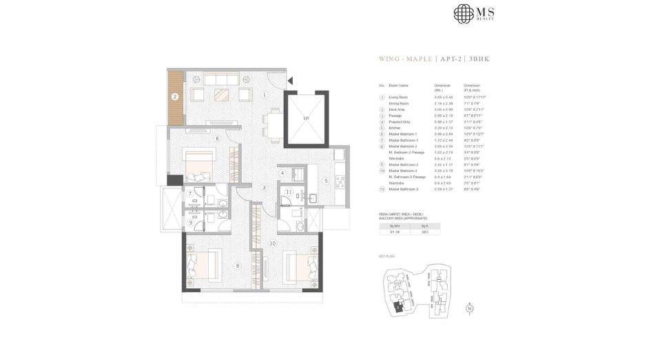 Courtyard-Kalina-Floor-Plan-Maple-3-BHK-983-sqft