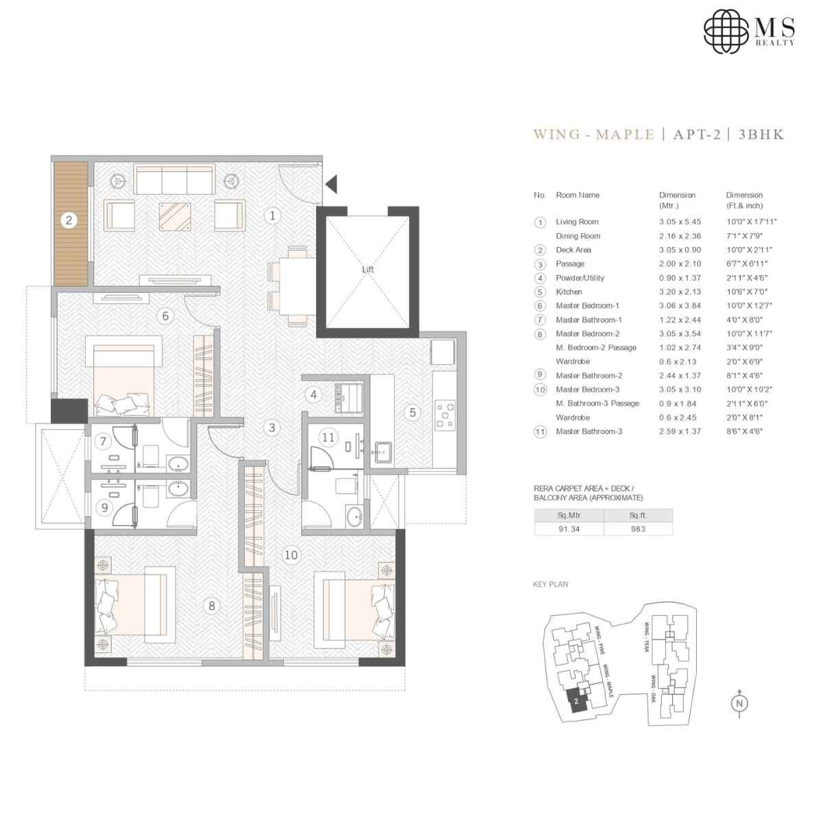 Courtyard-Kalina-Floor-Plan-Maple-3-BHK-983-sqft
