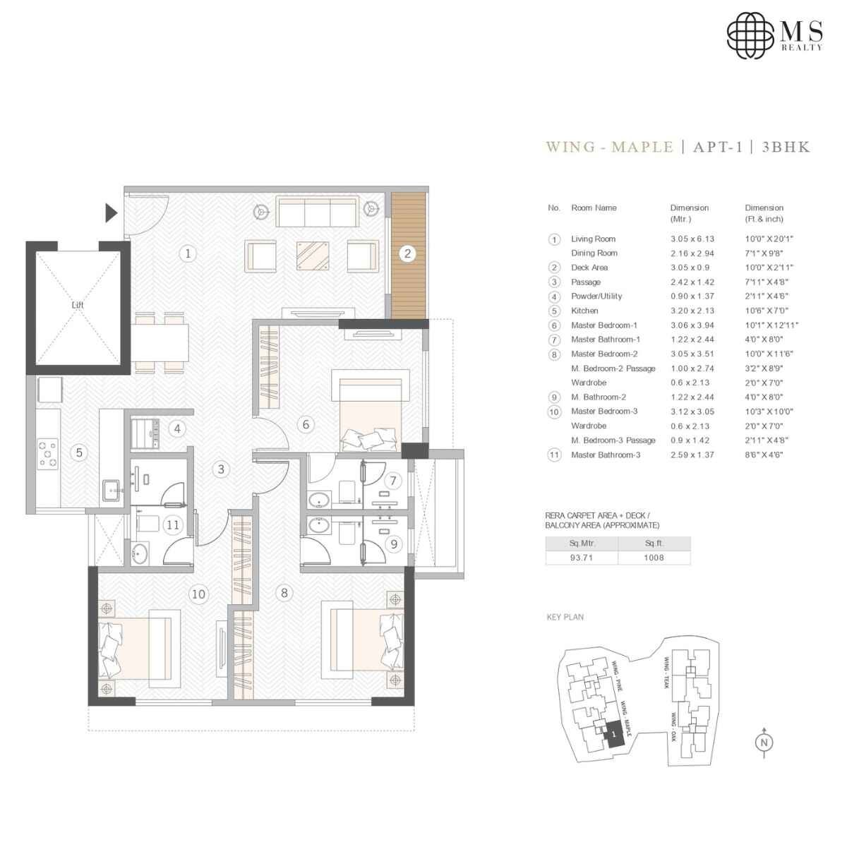 Courtyard-Kalina-Floor-Plan-Maple-3-BHK-1008-sqft
